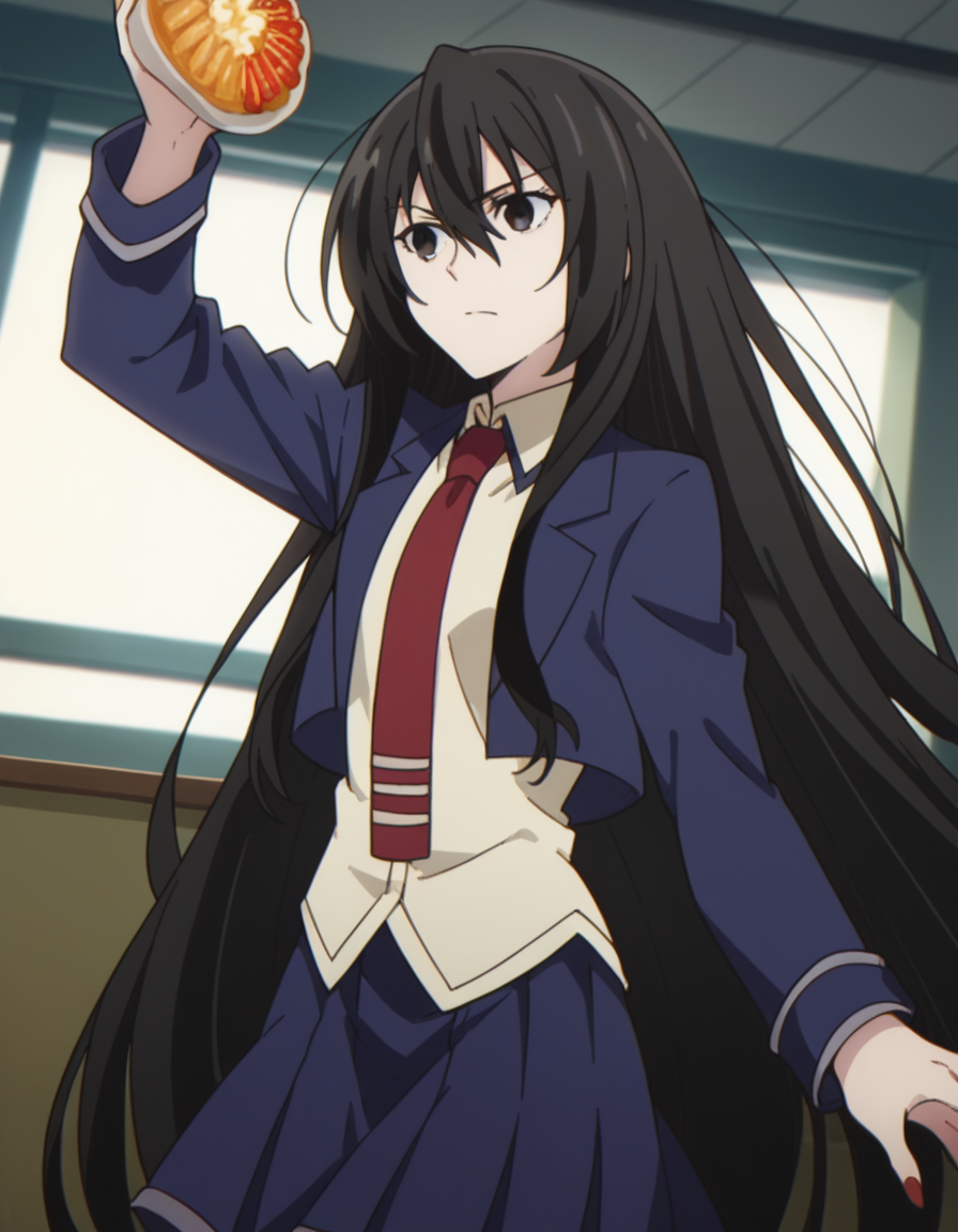 score_9, score_8_up, score_7_up, source_anime, <lora:kirukiru-amou-s1-ponyxl-lora-nochekaiser:1>, kirukiru amou, long hair, black hair, very long hair, black eyes, hair between eyes,, skirt, school uniform, jacket, necktie, blue skirt, blazer, red necktie,, restaurant, laughter, good food, warm lighting, celebration, , , foot on ground, hand on shoulder, elbow out, solo,, cowboy shot, dutch angle
