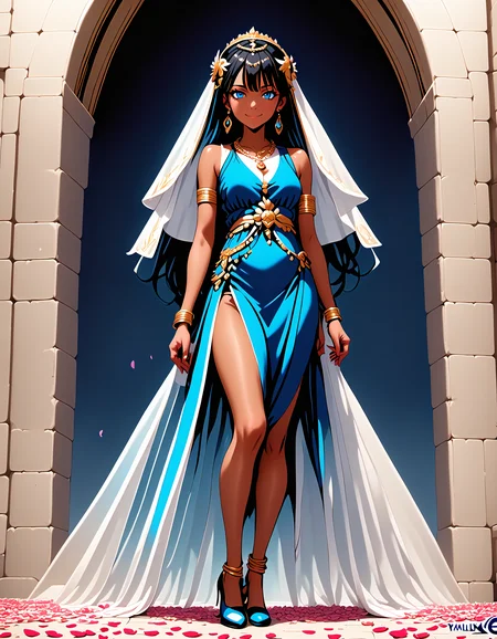 PonyXLV6_Scores , 25d Style, 1girl, solo, long hair, looking at viewer, smile, blue eyes, black hair, hair ornament, dress, jewelry, medium breasts, standing, full body, earrings, dark skin, necklace, high heels, bracelet, dark-skinned female, petals, blue dress, watermark, veil, armlet, side slit, anklet, arms at sides, <lora:25DPDXL:1>