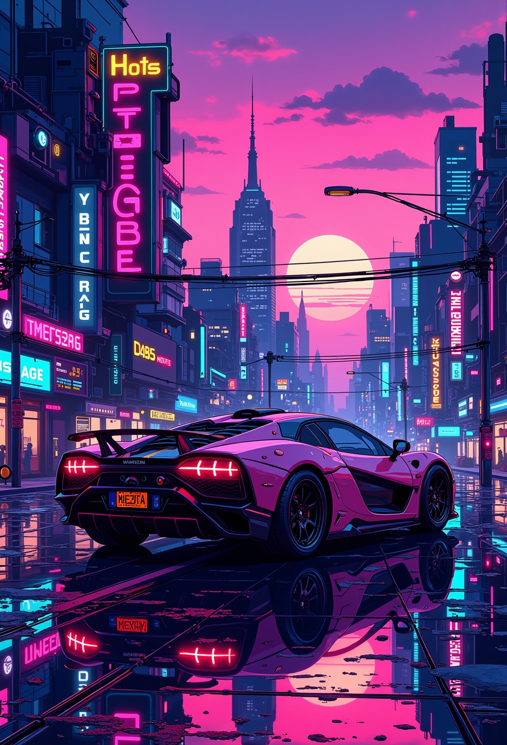 <lora:ck-nc-cyberpunk-V2-000013:1>, A digital artwork in the style of cknc, a futuristic car parked in front of a hotel at sundown. vast cyberpunk city.