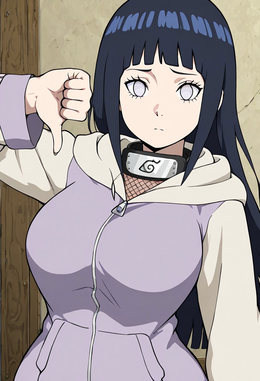 masterpiece, best quality, anime screenshot, big breasts, (curvy), cute, eyelashes,     
<lora:thumbs-down-ponyxl-lora-nochekaiser:1>, thumbs down,
patHinata, hyuuga hinata, white eyes, short hair, bangs, black hair, blunt bangs, large breasts, long sleeves, ,  hood, kneehighs, hoodie,  hood down, upper body, long hair,
zPDXL,
upper body