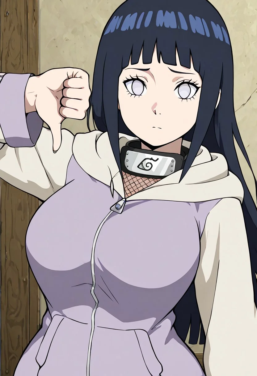 masterpiece, best quality, anime screenshot, big breasts, (curvy), cute, eyelashes,
<lora:thumbs-down-ponyxl-lora-nochekaiser:1>, thumbs down,
patHinata, hyuuga hinata, white eyes, short hair, bangs, black hair, blunt bangs, large breasts, long sleeves, , hood, kneehighs, hoodie, hood down, upper body, long hair,
zPDXL,
upper body
