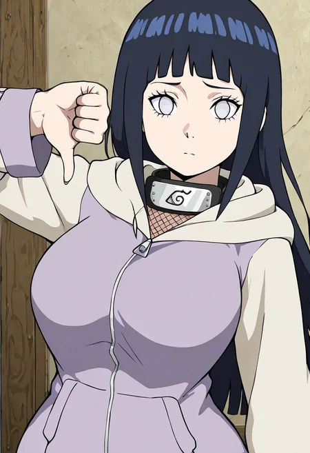 masterpiece, best quality, anime screenshot, big breasts, (curvy), cute, eyelashes,
<lora:thumbs-down-ponyxl-lora-nochekaiser:1>, thumbs down,
patHinata, hyuuga hinata, white eyes, short hair, bangs, black hair, blunt bangs, large breasts, long sleeves, , hood, kneehighs, hoodie, hood down, upper body, long hair,
zPDXL,
upper body
