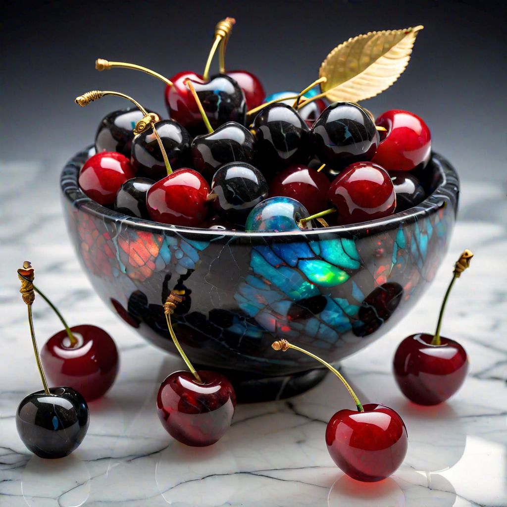 bowl of cherries, bowl of black marble, cherries made of opals, opalescent, ethereal