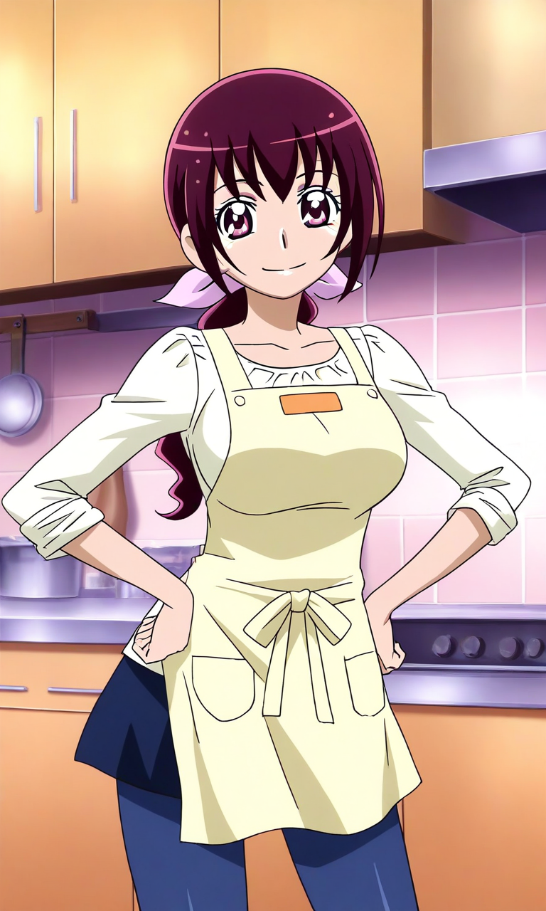 general,highres, ultra-detailed,very aesthetic,best quality ,best hands, BREAK <lora:Hoshizora_Ikuyo_Smile_Precure_IS:1>
Hoshizora_Ikuyo, 1girl, solo, large breasts, purple hair, ponytail, hair ribbon, pink ribbon, long hair, pink eyes,
shirt, pants, blue pants,  Yellow apron,
hands on own hip, 
sleeves rolled up, 
smile,looking at viewer, cowboy_Shot,
indoor, kitchen,