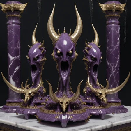 <lora:Chaos_Warfleet_-_Warhammer_40000_SDXL:1>chaoswarfleet, purple battleship,space,warp,distortion,nightmare,mirrors,curved blades,grace,elegance,marble statues,black long tongues,pincers,Ñheers,horns,hooves,insect eyes,columns,screaming faces,onyx,decorations,silver,gold,engraving,minting,marble,decor,curved shapes,