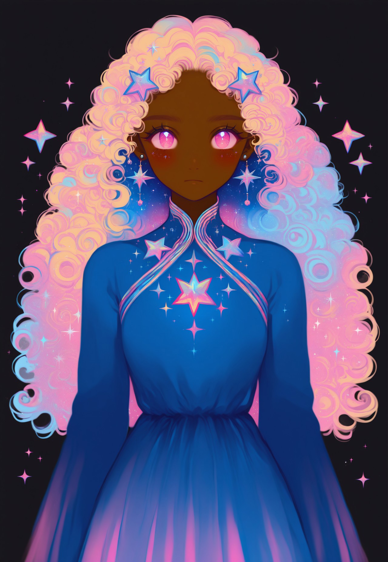 masterpiece, very aesthetic, absurdres, Chr0m1um Style, jewelry, star hair ornament, black background, earrings, very dark skin, upper body, blush, cowboy shot, dark skin, expressionless, dress, dark-skinned female, long sleeves, blue hair, looking at viewer, star (symbol), sparkle, closed mouth, blonde hair, 1girl, pink eyes, solo, blue dress, multicolored hair, curly hair, simple background, hair ornament, chromium, iridescent, holographic