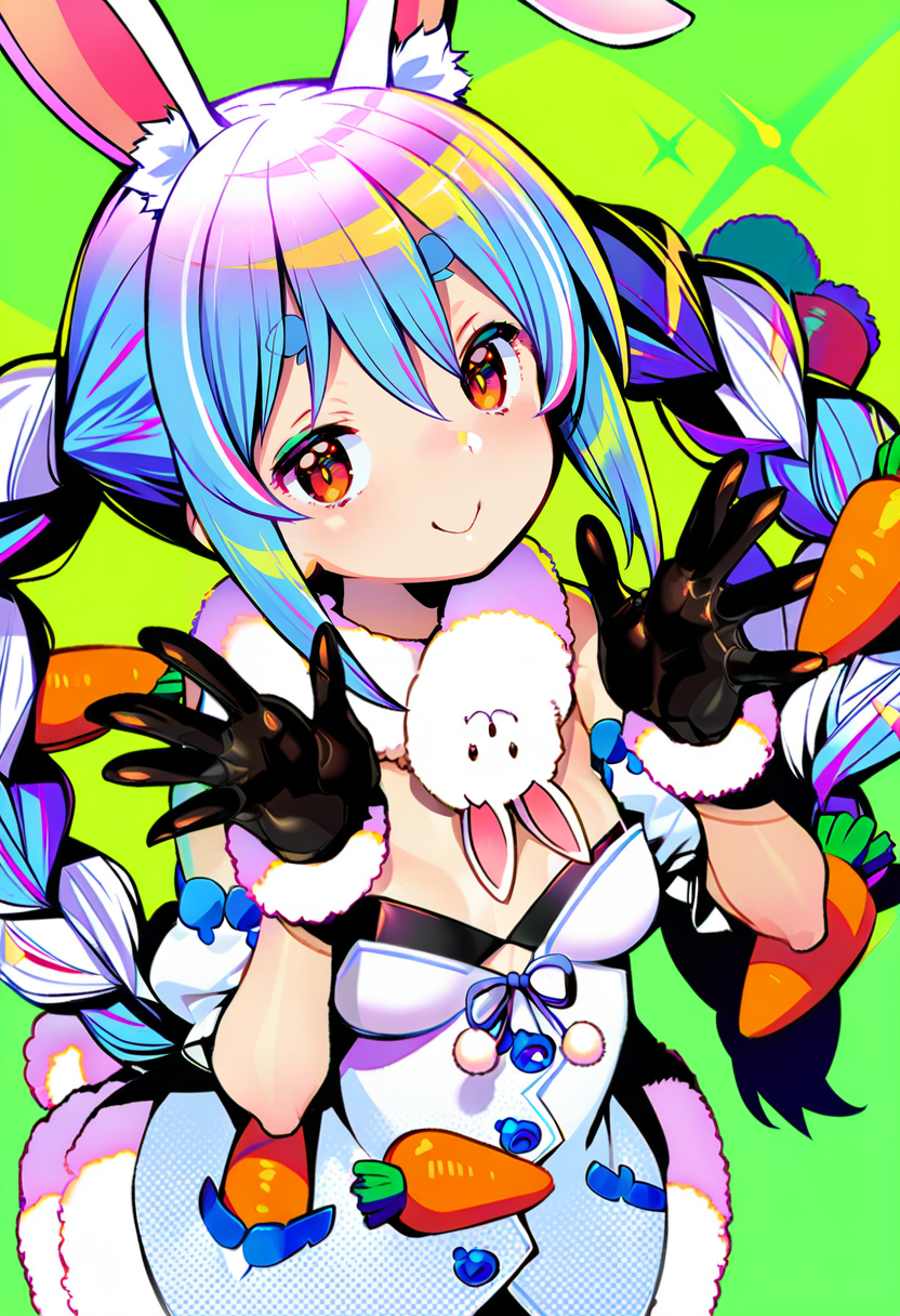 masterpiece, best quality,<lora:GyokaiXL_ANI31_lokr_V53P1:0.95> 1girl, animal ears, usada pekora, virtual youtuber, rabbit ears, long hair, gloves, solo, braid, twin braids, black gloves, hair ornament, blue hair, animal ear fluff, food-themed hair ornament, multicolored hair, carrot hair ornament, white hair, rabbit girl, smile, breasts, don-chan \(usada pekora\), two-tone hair, tail, rabbit tail, looking at viewer, fur-trimmed gloves, twintails, fur trim, thick eyebrows, bangs, dress, bunny-shaped pupils, white dress, closed mouth, green background, symbol-shaped pupils, short sleeves, cleavage, detached sleeves, red eyes, puffy sleeves, puffy short sleeves, carrot, sparkle, small breasts, orange eyes, hair between eyes