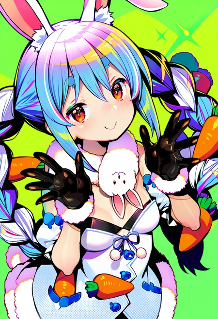 masterpiece, best quality,<lora:GyokaiXL_ANI31_lokr_V53P1:0.95> 1girl, animal ears, usada pekora, virtual youtuber, rabbit ears, long hair, gloves, solo, braid, twin braids, black gloves, hair ornament, blue hair, animal ear fluff, food-themed hair ornament, multicolored hair, carrot hair ornament, white hair, rabbit girl, smile, breasts, don-chan \(usada pekora\), two-tone hair, tail, rabbit tail, looking at viewer, fur-trimmed gloves, twintails, fur trim, thick eyebrows, bangs, dress, bunny-shaped pupils, white dress, closed mouth, green background, symbol-shaped pupils, short sleeves, cleavage, detached sleeves, red eyes, puffy sleeves, puffy short sleeves, carrot, sparkle, small breasts, orange eyes, hair between eyes