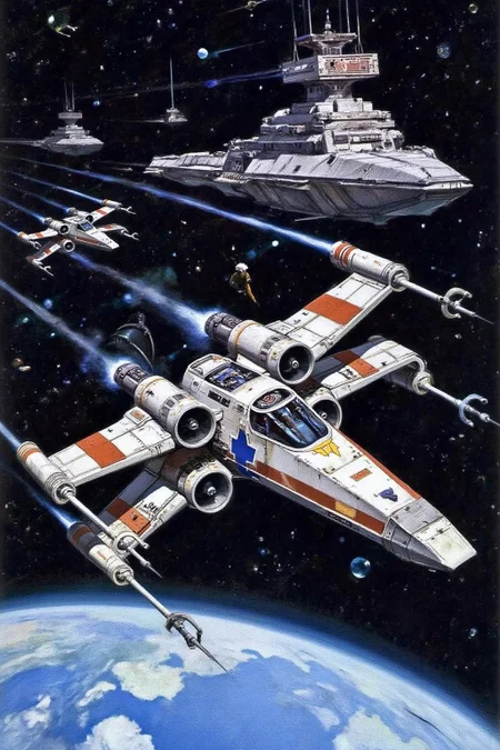 schoonover1 illustration. A space battle scene from the Star Wars Univers. Two Rebel Alliance A-Wing fighters, painted in white and blue are flying toward the left. In the background is a fleet of Imperial Star Destroyer. Below them is the surface of a blue planet. <lora:schoonover1_cap_d6a3e11:1.0><lora:831466984018527573:0>