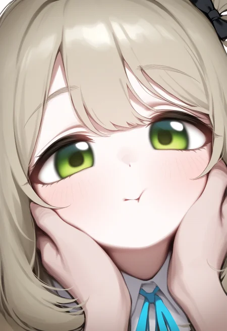 nikukyu,
nonomi (blue archive), 1girl, looking at viewer, blush, shirt, ribbon, closed mouth, green eyes, white shirt, collared shirt, solo focus, neck ribbon, pov, light brown hair, portrait, 1other, close-up, pov hands, hands on another's face, hands on another's cheeks, cheek squash
, masterpiece, best quality, good quality,
<lora:ai_styles_collection_noob_vpred-1.0-v6-edm2-pass:1>
