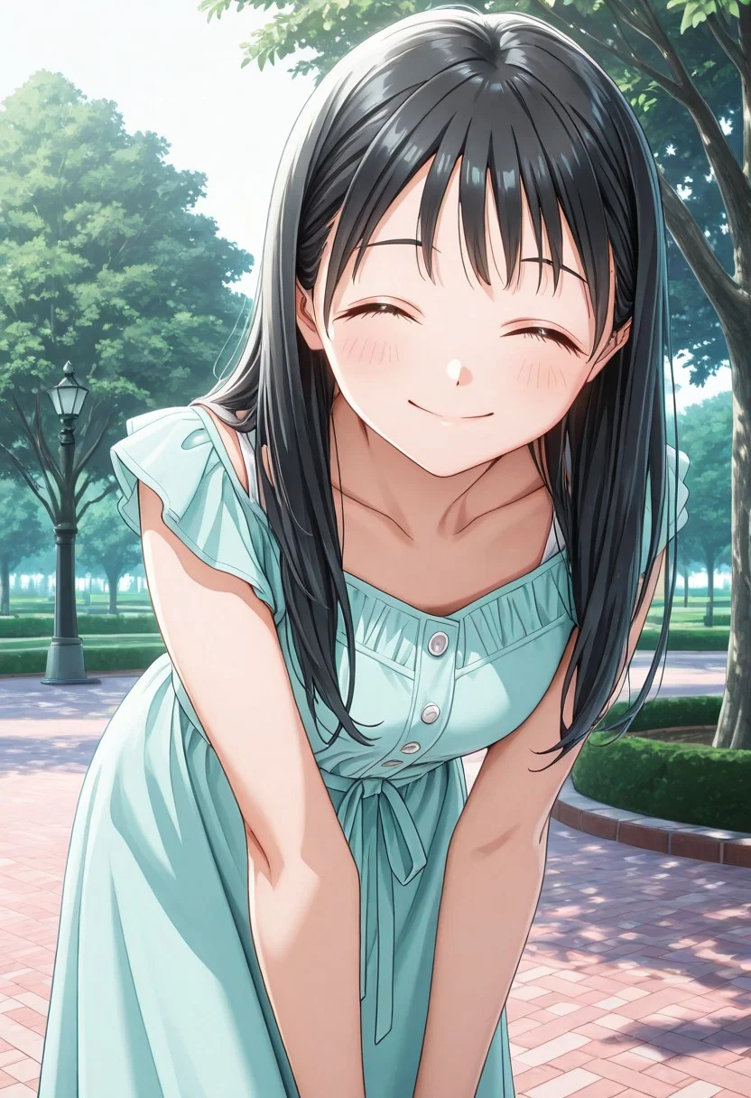 solo, woman, komichi_akebi, casual dress, leaning forward, closed eyes, smile, park, high quality, best quality, masterpiece, 4k resolution, anime