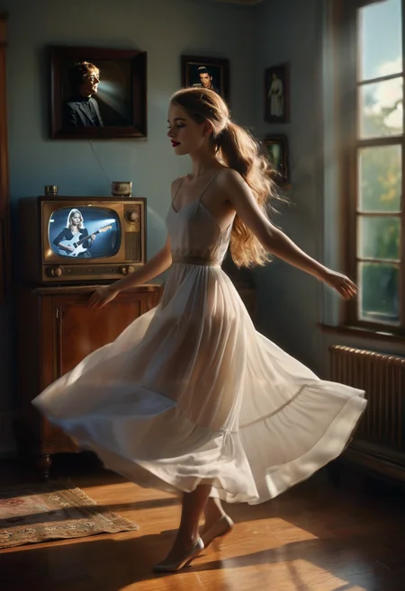 (Photorealism:1.6), cinematic film still, a woman in a dress is dancing in the living room with an antique radio in the background, Elizabeth Polunin, cinematic photography, a photorealistic painting, arabesque, Fujifilm Superia Venus 800 rendered in unreal engine, photorealistic <lora:add-detail-xl:1.2>