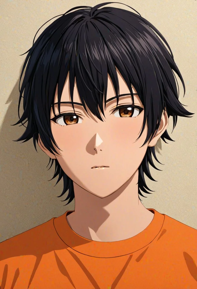 Yuusuke Fujisaki, masterpiece, best quality, (1boy), solo, male focus, photography, High definition, Black hair, 4K, shirt, Solid COlor Background, passport_photo_style