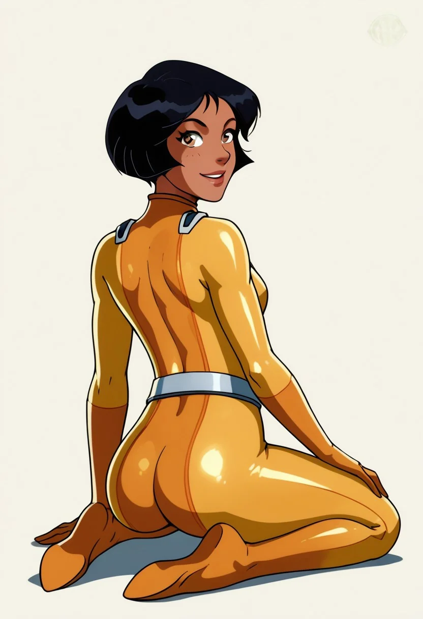 Solo, alex ts, black hair, short hair, brown eyes, dark-skinned female, yellow bodysuit,
big butt, smile, lips forward, score_9, score_8_up, score_7_up, score_6_up, back view, looking at the viewer, on the side, kneeling,