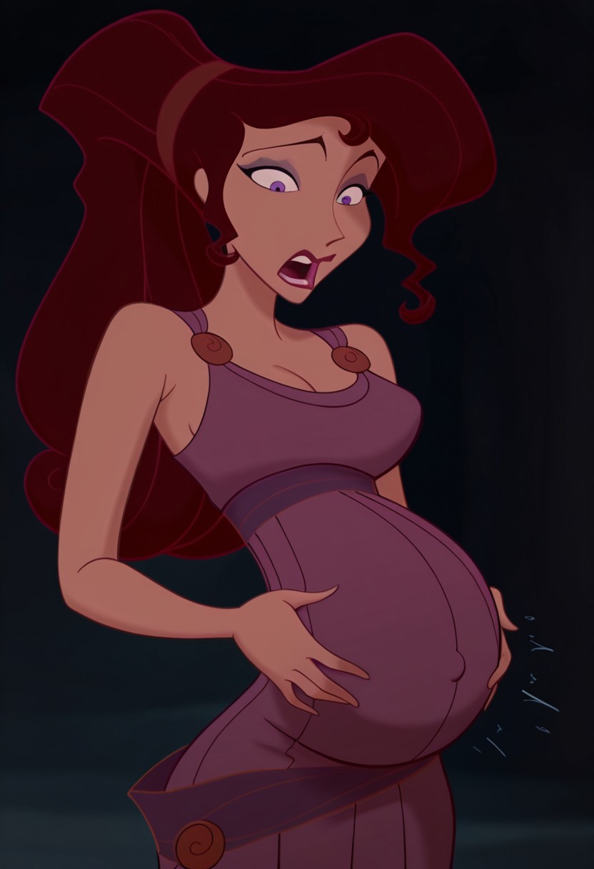 1girl, masterpiece, best quality, amazing quality, absurdres, <lora:Megara__Illustrious:1> m3g4r4, megara (hercules disney), long hair, tied hair, brown hair, purple eyes, purple Greek dress, cleavage, sexy makeup, lipstick, pregnant, suprised, shocked, looking down at her tummy,