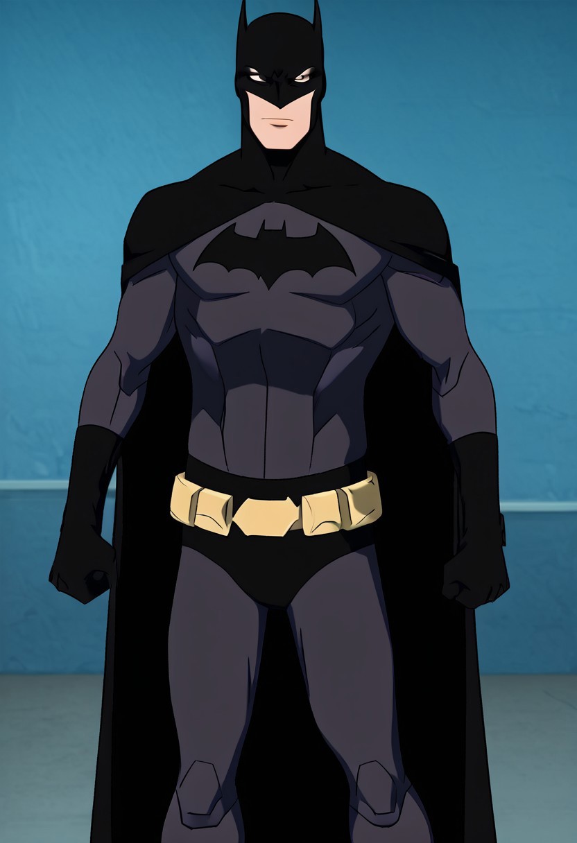 harmard, black hair, short hair, brown eyes, 1boy, solo, solo focus, wear batman outfit, BMYJ, cape