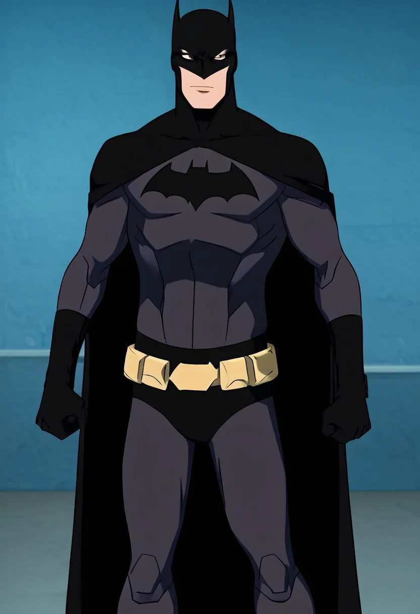 harmard, black hair, short hair, brown eyes, 1boy, solo, solo focus, wear batman outfit, BMYJ, cape