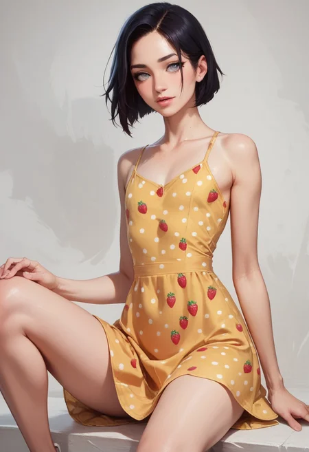 score_9, score_8_up, score_7_up, 1boy, femboy, otoko no ko, short hair, bob cut hair, black hair, grey eyes, gray eyes, feminine face, toned body, Shelly, summerdress, yellow dress, strawberry print, highly detailed, intricate, zzCitronCAT, sitting, one knee up, head on knee, dutch angle, modelshoot, abstract background, solo