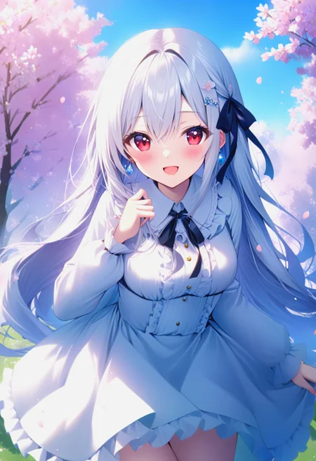 1girl,:d,cherry_blossoms,clothes_lift,dress,dress_lift,frilled_dress,frills,hair_between_eyes,hair_ribbon,long_hair,<lora:anime enhancer V3 xl:0.5>,detailed skin texture,texture,detailed,<lora:hisumi xl:1>,hisumi,very long hair,hair ornament,red eyes,white hair,blush,earrings,jewelry,long_sleeves,looking_at_viewer,open_mouth,outdoors,red_eyes,ribbon,sidelocks,smile,solo,white_dress,white_hair,
