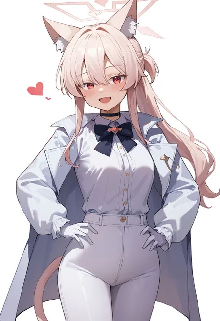 score_9,score_8_up,score_7_up,<lora:kiyosumi_akira_blue_archive_pdxl_goofy:1> akiraBa, 1girl, :d, animal ear fluff, animal ears, black bow, black bowtie, blush, bow, bowtie, cat ears, cat girl, cat tail, choker, coat, dress shirt, gloves, hair between eyes, hair intakes, half updo, halo, hand on own hip, hand up, heart, light blush, long hair, looking at viewer, open mouth, pants, pink halo, ponytail, red eyes, shirt, short ponytail, sidelocks, simple background, smile, solo, standing, white background, white coat, white gloves, white hair, white pants, white shirt