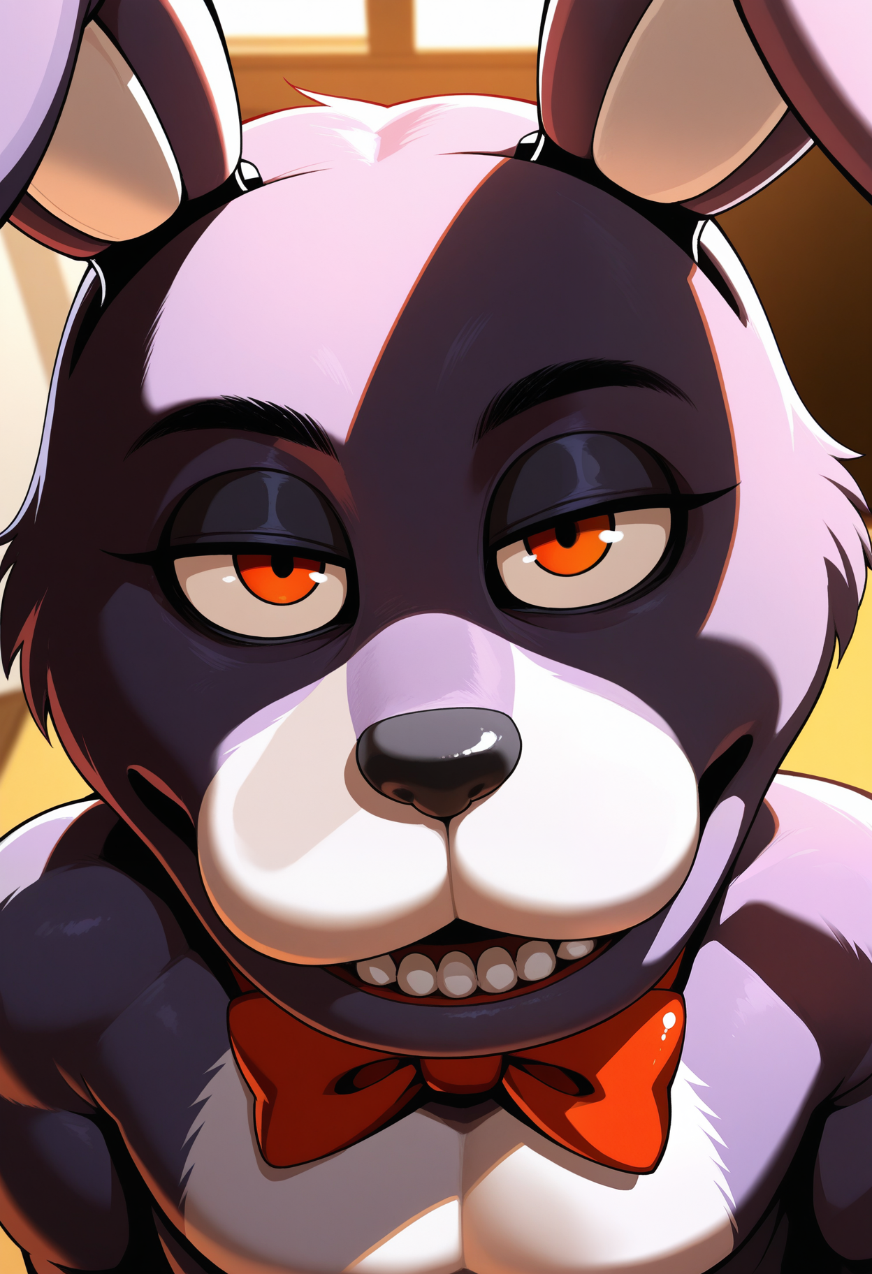 masterpiece,best quality,amazing quality, 1boy, solo, b0nn13, bunny boy, furry, purple fur, red bowtie, close up, smile, 