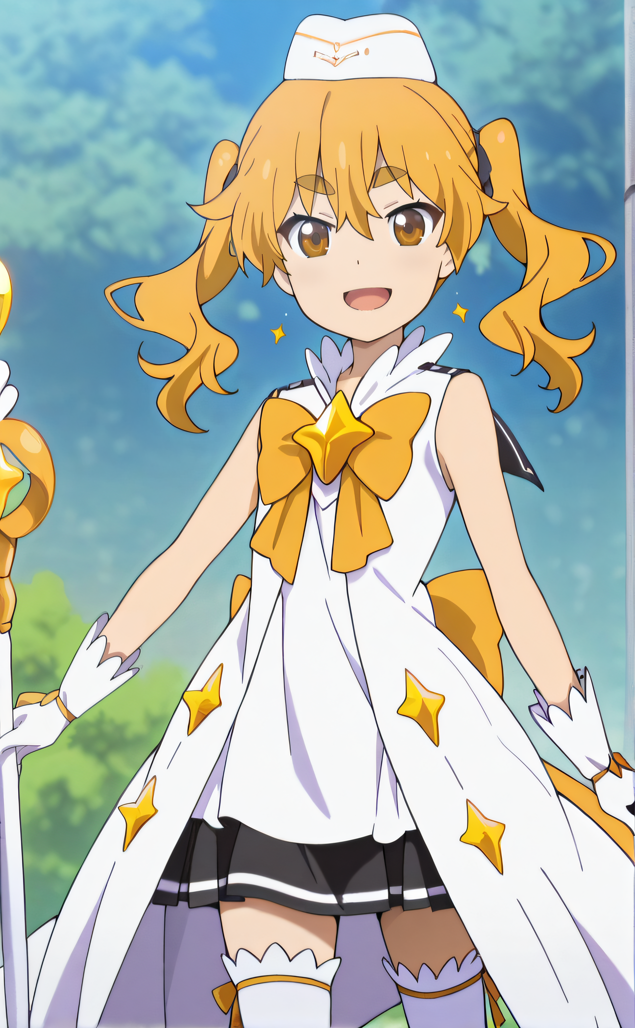 masterpiece, best quality, highres, newest, 1girl, solo, official style, anime screencap <lora:IL_Hikaru:1>, hikaru, yellow hair, twintails, thick eyebrows, brown eyes, magical girl, white hat, yellow ribbon, sleeveless, white thighhighs, white gloves, looking at viewer, smile, outdoor, cowboy shot, open mouth