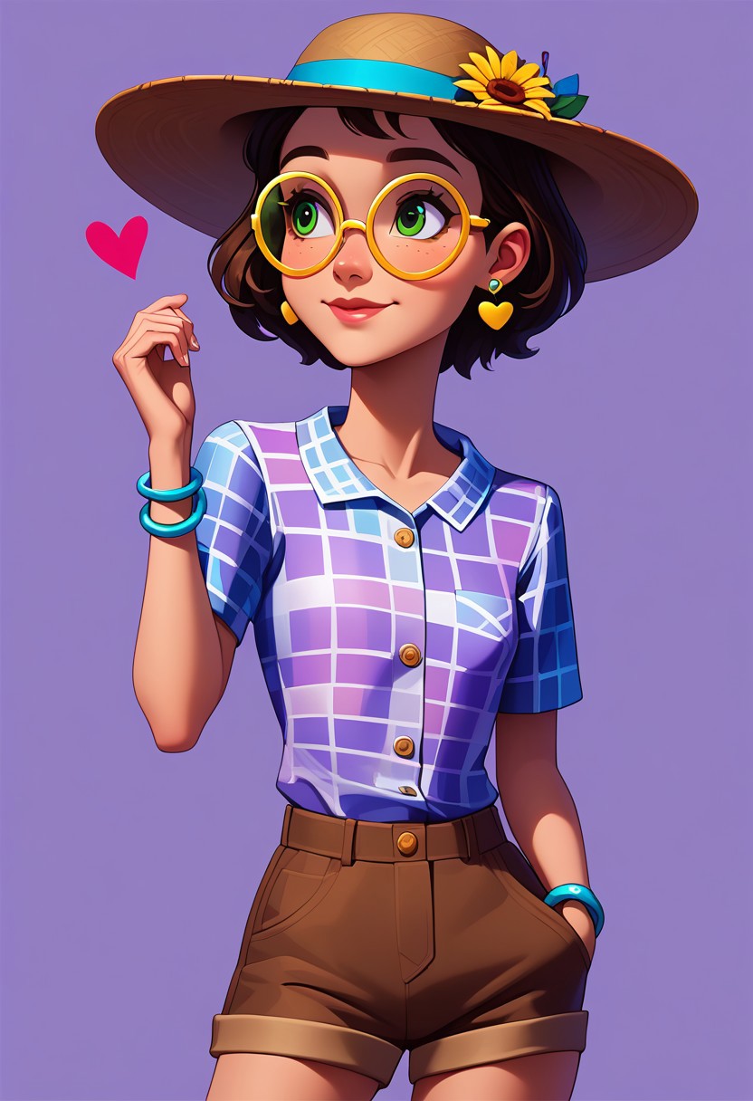 score_9, score_8_up, score_7_up, mgas, masterpiece, best quality, detailed eyes, detailed face, perfect eyes, high detailed, absurdres, highres, casual game art, mobile game art, merge 3 game art, character design, BREAK, 1girl, woman, young, solo, thoughtful, small breasts, brown short hair, green eyes, (gray small round earrings), ((golden glasses in the form of hearts)), 2 bracelets on the left hand, a blue bracelet on the left hand, a white bracelet on the left hand, a brown straw panama hat with a white flower on the left, ((a white T-shirt, a translucent blue checkered shirt)), brown short shorts with pockets and buttons, BREAK ((the right hand is at the face, the right hand is raised, the right hand is at the chin, the left hand holds the right arm at the elbow, the left arm is bent at the elbow)), looking to the right, standing, cowboy shot, semi-sideways, half-sideways, BREAK simple background, violet background