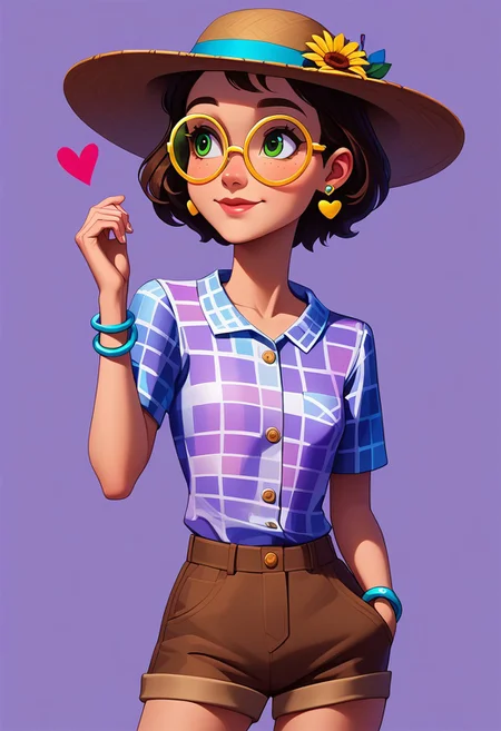 score_9, score_8_up, score_7_up, mgas, masterpiece, best quality, detailed eyes, detailed face, perfect eyes, high detailed, absurdres, highres, casual game art, mobile game art, merge 3 game art, character design, BREAK, 1girl, woman, young, solo, thoughtful, small breasts, brown short hair, green eyes, (gray small round earrings), ((golden glasses in the form of hearts)), 2 bracelets on the left hand, a blue bracelet on the left hand, a white bracelet on the left hand, a brown straw panama hat with a white flower on the left, ((a white T-shirt, a translucent blue checkered shirt)), brown short shorts with pockets and buttons, BREAK ((the right hand is at the face, the right hand is raised, the right hand is at the chin, the left hand holds the right arm at the elbow, the left arm is bent at the elbow)), looking to the right, standing, cowboy shot, semi-sideways, half-sideways, BREAK simple background, violet background