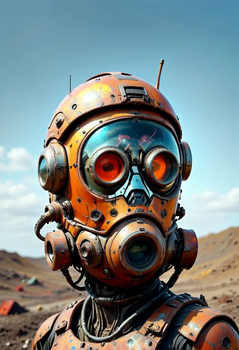 ultra high resolution, masterpiece, best quality, a sci-fi , in the landfill, A rusty and broken retro space helmet buried in the landfill, in the style of hyper realistic photography. evi@decrepPunk