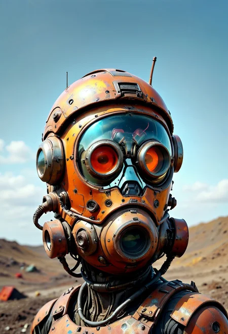 ultra high resolution, masterpiece, best quality, a sci-fi , in the landfill, A rusty and broken retro space helmet buried in the landfill, in the style of hyper realistic photography. evi@decrepPunk