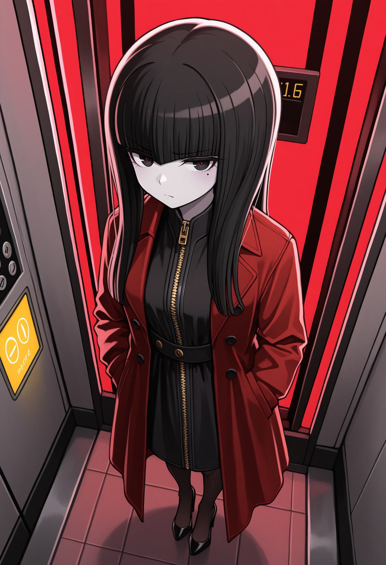 masterpiece, best quality, amazing quality,  BREAK <lora:ryor:1> rryo, 1girl, black eyes, red pupils, mole under eye, black hair, long hair, blunt bangs, hime cut,pale skin,red coat,long coat,long sleeves,buttons,black dress,zipper, pantyhose,black footwear,high heels,elevator,looking at viewer,annoyed,yellow light,from above,red light dutch angle,dynamic pose,backlight