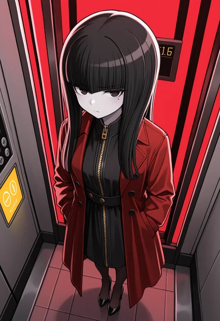 masterpiece, best quality, amazing quality,  BREAK <lora:ryor:1> rryo, 1girl, black eyes, red pupils, mole under eye, black hair, long hair, blunt bangs, hime cut,pale skin,red coat,long coat,long sleeves,buttons,black dress,zipper, pantyhose,black footwear,high heels,elevator,looking at viewer,annoyed,yellow light,from above,red light dutch angle,dynamic pose,backlight