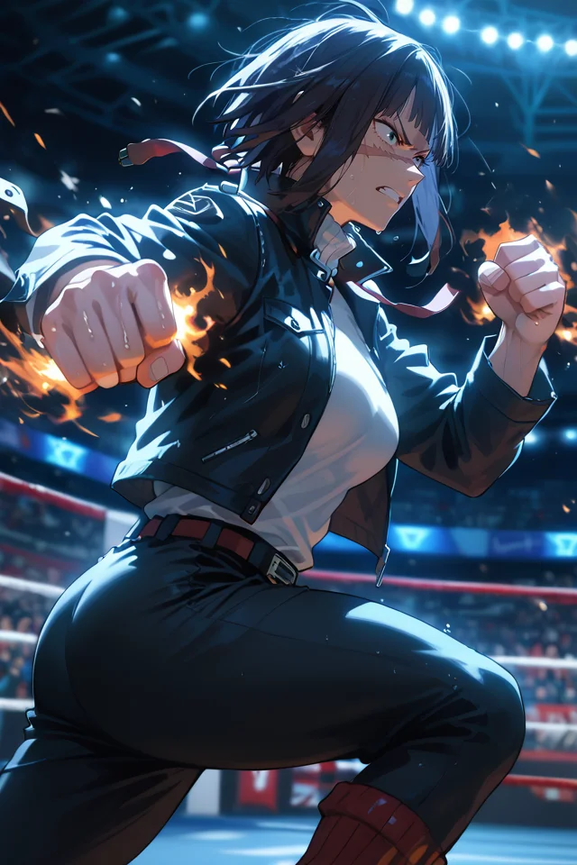 style of boku no hero academia,<lora:AIã¤ã©ã¹ããããã:0.5>,<lora:modern_anime_screencap_v1_0:0.8>,anime screencap,source_anime,score_9,score_8_up,score_7_up,score_6_up,dark theme,arena,looking ahead,
1girl,solo,<lora:age_slider_v4:1.2>,tomboy,adult,tall female,dark blue hair,straight hair,short hair,full bangs,blunt bangs,black eyes,pale skin,petite,medium breasts,angry,sweat,raised fists,fighting stance,from side,leather jacket,long sleeves,high collar,black multicolored legwear,steam,depth of field,knee up,scar on face,scar across eye,flaming hand,punching,