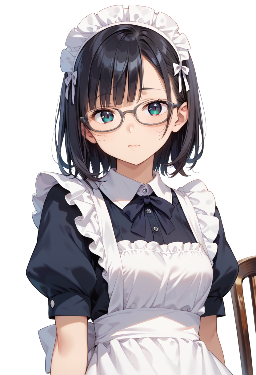 score_9, score_8_up, score_7_up, rating_safe, masterpiece, best quality, absurdres, unity 8k wallpaper, official art, official style, source_anime, uncensored, game cg, megami magazine,
1girl, solo, black hair, medium hair, upper body, covered eyes,maid, maid headdress, black dress, maid apron, face focus,
oval_cell, glasses, still life, white background, simple background, grey-framed eyewear,
 <lora:glasses_OvalCell1_PONY_V1:1>