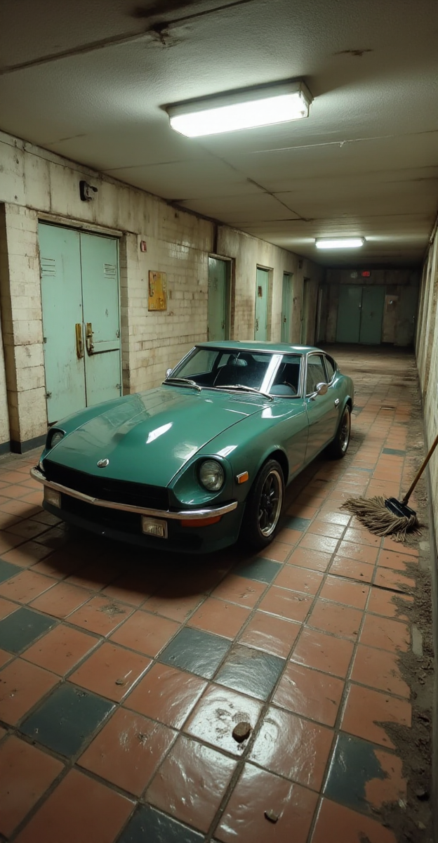 Deep in the bowels of a forgotten brutalist shopping mall, the Datsun 240Z is parked uncomfortably close to a pale green maintenance door, its chrome side mirror nearly touching the chipped paint. A single flickering fluorescent light above casts a cold, unnatural glow, making the black aftermarket alloy wheels appear almost liquid in reflection. The checkered vinyl floor is warped and buckled, as if the building itself is shifting beneath the carâs weight. The golden headlights illuminate a row of identical doors, all locked, all leading nowhere. The only sign of past life is a discarded janitorâs mop, damp and abandonedâbut thereâs no water on the floor.
<lora:Liminal-Space-Flux:0.75>  <lora:ral-nssndtsn:1>