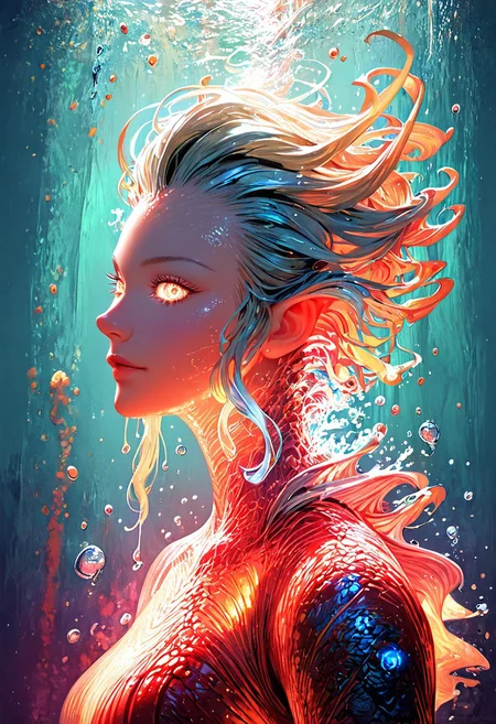 (score_9, score_8_up), score_7_up, zPDXL, solo, <lora:MythAnim3Style:0.8>, MythAn1m3, source_anime, 1girl, mermaid, dark mysterious backgroud, Iridescent eyes, aquatic scene, dreamlike atmosphere, mystical, ethereal light, detailed textures, whimsical, rippling, dripping, water element, very long cascading hair, water, very beautiful, sexy, sexy body, beautiful body, scales, wet body, Iridescent scales, bubbles, water drops, Iridescent skin, multi colored eyes, partially underwater shot, watce, bioluminescent skin, bioluminescent, glowing, bioluminescent scales, bioluminescent hair, FastNegativeV2, laser light clothes, submerged breast, water line on lense, view from under water, light hair