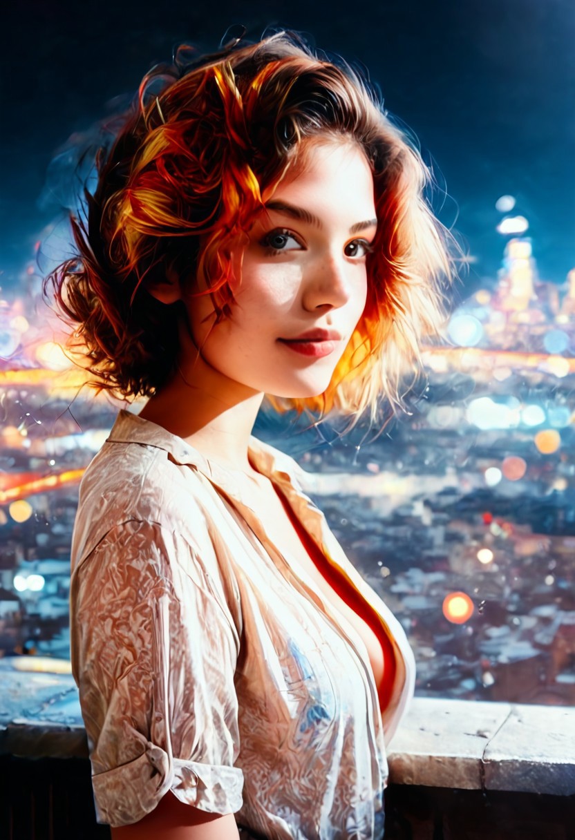 score_9, score_8_up, score_7_up, score_6_up, (cowboy shot:1.4), photorealistic, bokeh,  30yo women, solo, medium breasts, cleavage, short red hair, blond highlights, attractive, night, (european:0.6), (brazilian:0.6), d3t41l3d, (neodark:1.2), looking at city, (from side:1.2), on rooftop, (C7b3rp0nkStyle:0.8), (Masterpiece:1.3) (best quality:1.2) (high quality:1.1), detailed face, looking at viewer