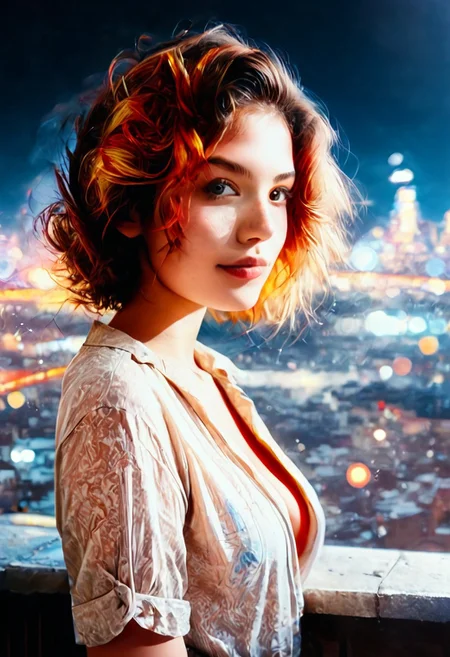 score_9, score_8_up, score_7_up, score_6_up, (cowboy shot:1.4), photorealistic, bokeh,  30yo women, solo, medium breasts, cleavage, short red hair, blond highlights, attractive, night, (european:0.6), (brazilian:0.6), d3t41l3d, (neodark:1.2), looking at city, (from side:1.2), on rooftop, (C7b3rp0nkStyle:0.8), (Masterpiece:1.3) (best quality:1.2) (high quality:1.1), detailed face, looking at viewer