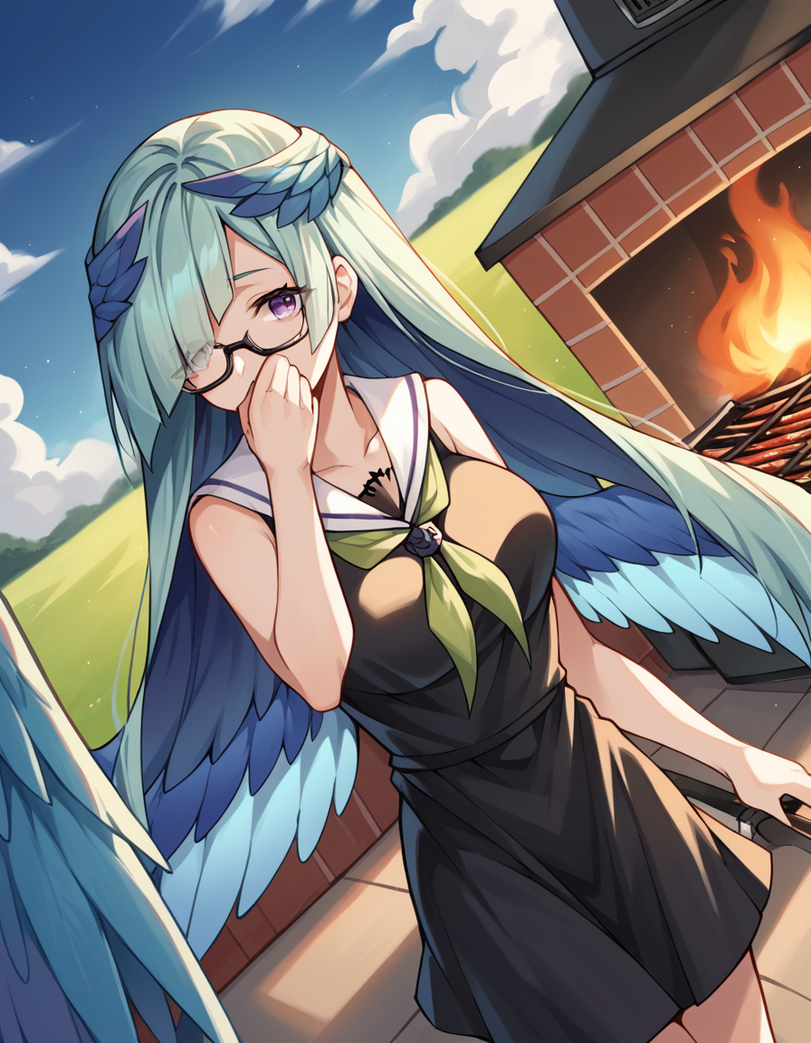 score_9, score_8_up, score_7_up, source_anime, <lora:fgo-brynhildr-ponyxl-lora-nochekaiser:1>, brynhildr, aqua hair, long hair, purple eyes, large breasts,, bare shoulders, black dress, black-framed eyewear, blue wings, collarbone, dress, feathered wings, glasses, green neckwear, hair over one eye, head wings, sailor collar, sailor dress, semi-rimless eyewear, sleeveless, sleeveless dress, under-rim eyewear, white sailor collar, wings, backyard, barbecue, grilling, laughter, summer evening, , , hand covering mouth, solo,, cowboy shot, dutch angle