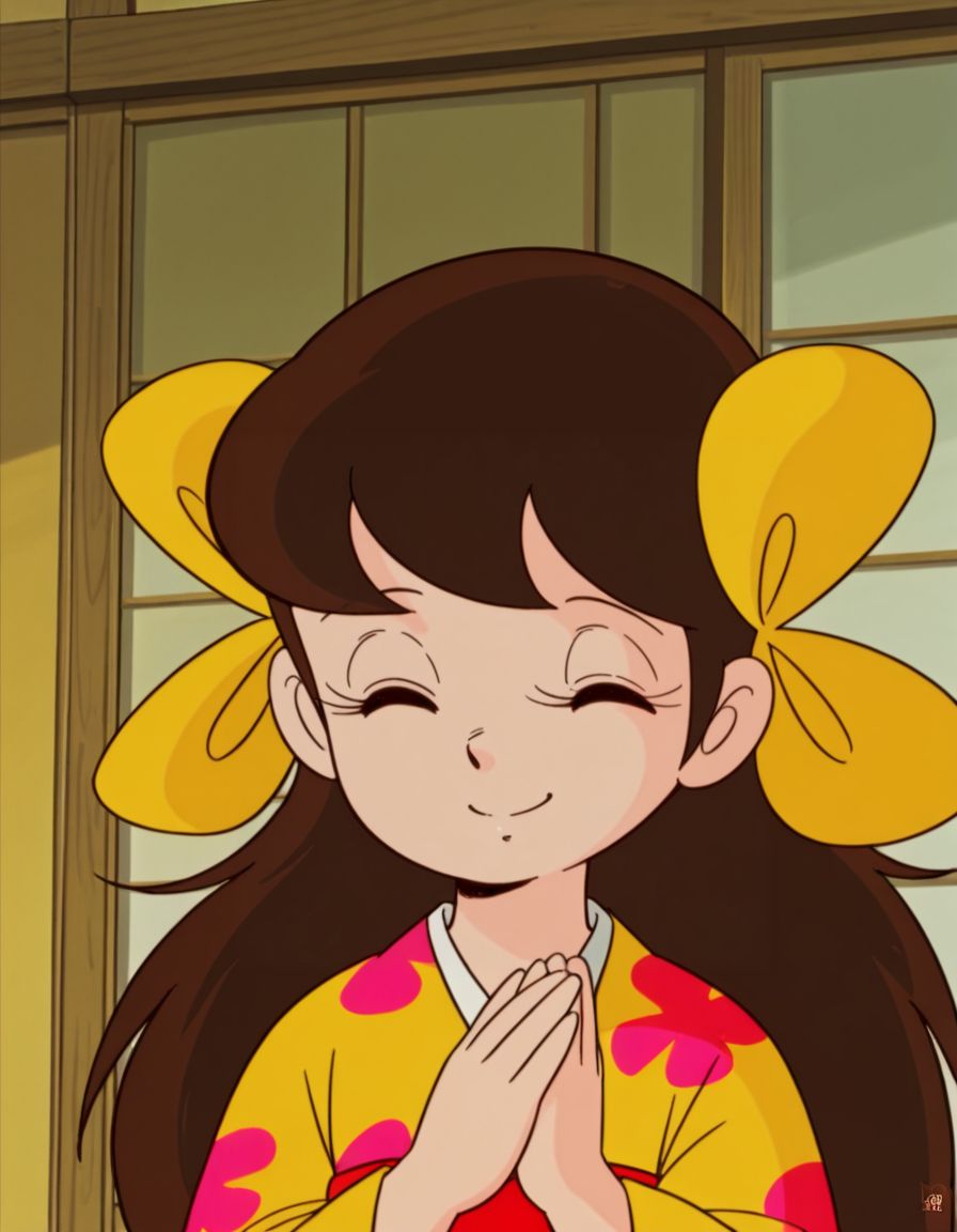 masterpiece, best quality, solo, smile, happy, closed eyes, 
<lora:Sakura:1>, saku4a, 1girl, long hair, brown hair, black eyes, yellow kimono, multiple hair bows, 1980s \(style\),