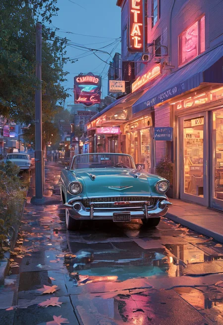 score_9, score_8_up, score_7_up, high detailed, hyper realistic, 8k, 16k, masterpiece, CGI rendering. A 1957 Chevrolet Bel Air, its glossy two-tone teal and ivory body with chrome trim, parked beside a quaint roadside diner with neon signs glowing in soft pink and blue hues. The iconic tailfins, polished chrome bumpers, and gleaming whitewall tires evoke a timeless elegance. The checkered pavement beneath reflects the warm glow of the vintage signage, while a warm summer breeze stirs fallen leaves along the curb. The deep twilight sky transitions from violet to deep navy, scattered with early stars shimmering faintly above. The license plate marked with the number 76 sits neatly below the chrome-trimmed rear trunk. The scene is bathed in soft neon reflections dancing across the car’s smooth surface, with ultra-sharp textures capturing the delicate creases in the convertible top and the precision-polished chrome details. A nostalgic yet hyper-realistic cinematic composition, blending vintage automotive beauty with the magic of a bygone era.
