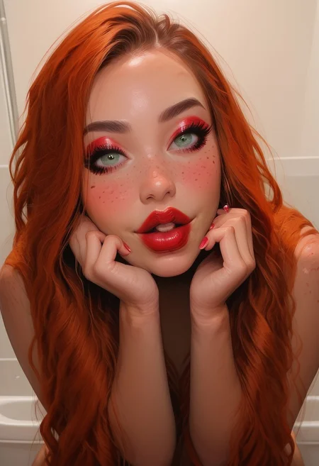 Score_9, Score8_up, Score_7_up, (((High Resolution, Best Quality))), Detailed Skin,
1girl, solo, 18 years old, perfect face, perfect eyes, sexy, beautiful green eyes ,hud_vry_lng_h4ir, very long ginger wavy hair, petite body, wide hips, perfect cute face, flat chest, perfect hands, blush, dynamic angle, heavy freckles, makeup, lipstick, very beautiful, very cute, cute nose, heartbreaker, perfect thick red lips,kawaii face, manicured white nails, shapely thighs, makeup, darkeye shadow, view of sexy legs, bathroom setting, view of her from the mirror, perfect little ass, Lipstick Marks on screen, 1girl, red lipstick, oral invitation,