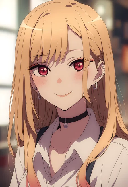 (score_9, score_8_up, score_7_up), (masterpiece, best quality, very aesthetic, ultra detailed, source anime, anime, intricate details), <lora:Sono Bisque Doll wa Koi wo Suru - Marin Kitagawa XL R1.1:0.8>, 1girl, solo, long hair, looking at viewer, blush, smile, shirt, blonde hair, red eyes, jewelry, earrings, choker, piercing, ear piercing, barbell piercing, kitagawa marin