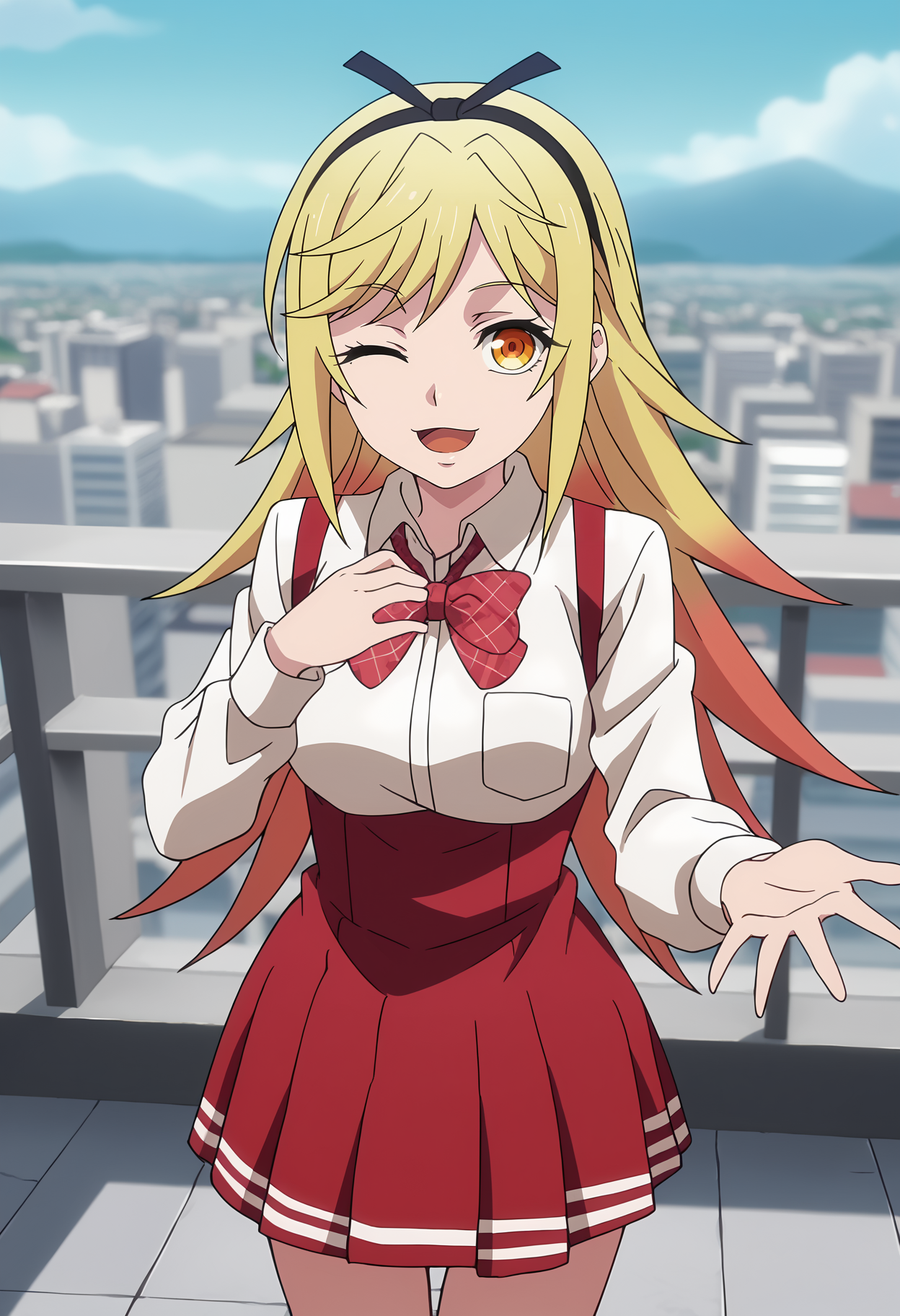 score_7_up, anime screencap,
<lora:ShuumatsuNoHarem_KamiyaKarenXL:0.9>,
1girl, solo, open mouth, light smile, one eye closed,
long hair, multicolored hair, blonde hair, red hair, multicolored eyes, black hairband, hair ribbon,
outstretched hand, hand on own chest,
KamiyaKaren, collared shirt, white shirt, plaid bowtie, long sleeves, suspender skirt, high-waist skirt, red skirt,
standing, thigh gap, looking at viewer,
cityscape, rooftop, school, outdoors, blurry background