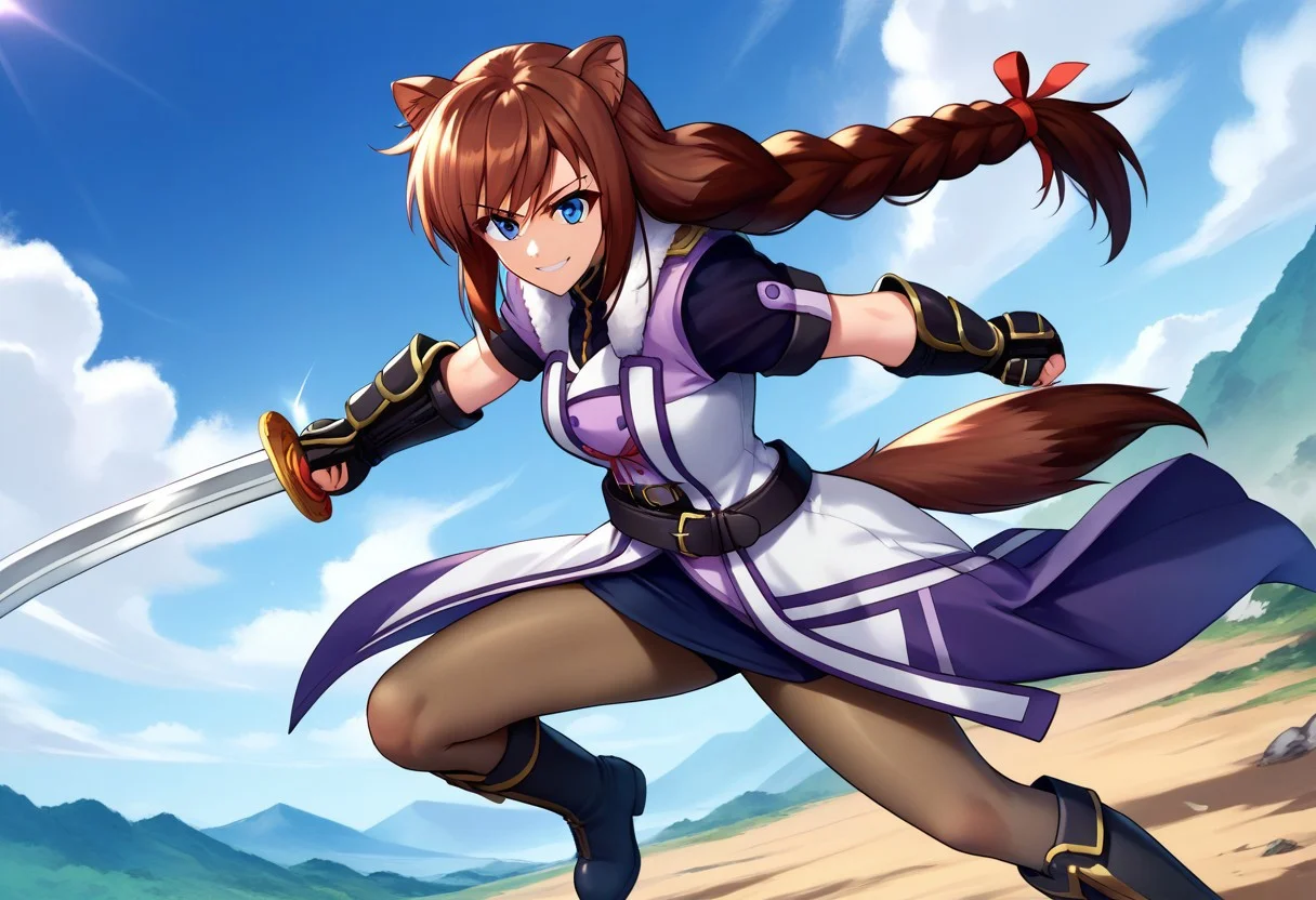 score_9, score_8_up, score_7_up, source_anime, good anatomy, solo, 1girl, BrioHina, brown hair, braided hair, braid, blue eyes, dog girl, dog ears, dog tail, red hair ribbon, white and purple coat, fur-trimmed coat, tail coat, white and purple double breasted jacket, black shirt, black undershirt, belt, black miniskirt, pencil skirt, pantyhose, black boots, black gauntlets, jumping, holding katana, smiling, fighting, fighting stance
