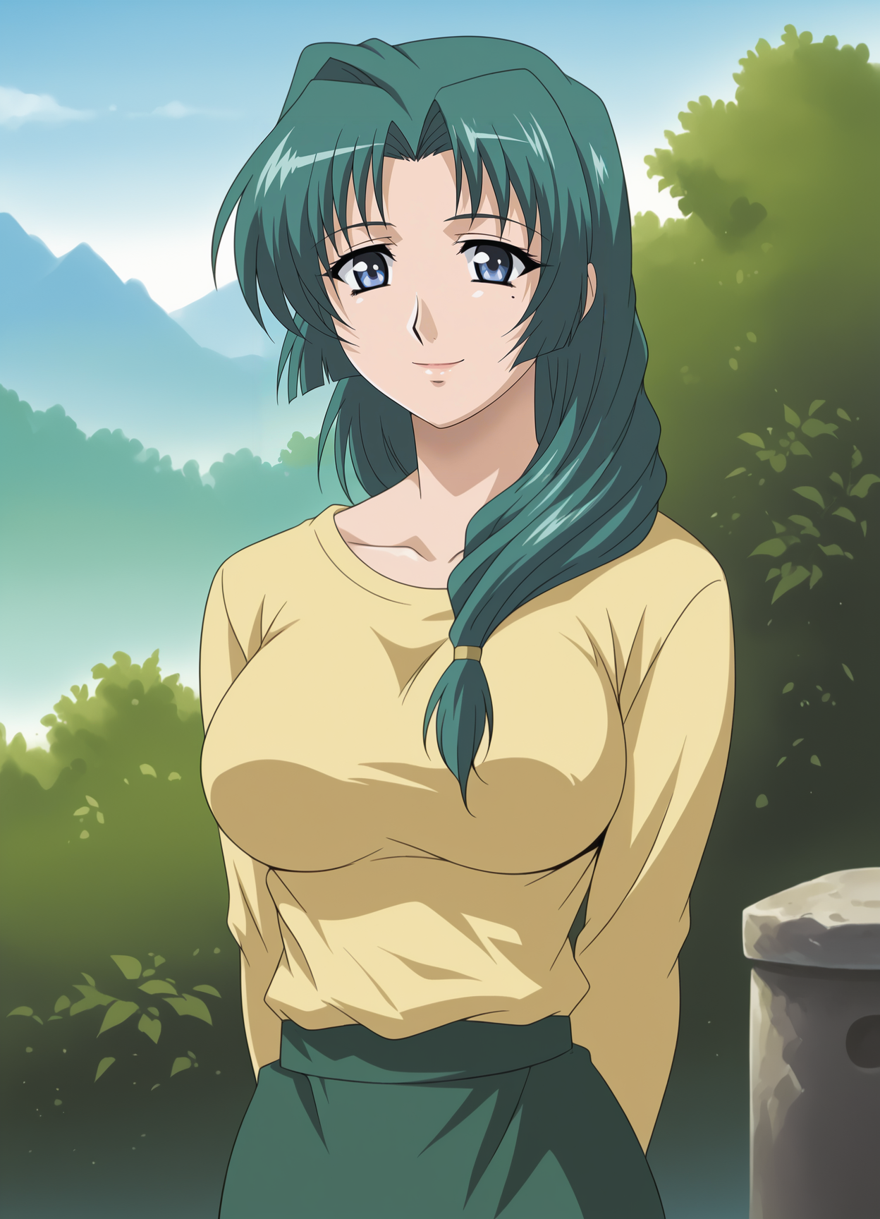 <lora:Saori_Takada-Ryoujoku_Hitozuma_Onsen:0.85>,mm,mature female,1girl,solo,green hair,blue eyes,long hair,hair over shoulder,mole under eye,large breasts,shirt,skirt,cowboy shot, arms behind back, smile,outdoors,looking at viewer,
