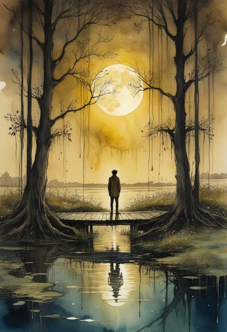 linquivera, liiv1, Ink illustration, (anime:0.5), brown tones, aged yellowing paper, inkpunk, moonlight, ink stains, ink splashes, drips, surreal, a man standing on a dock in swampy wetlands, at a distance, moonlit, lonely, solitude, consumed by wispy ribbons of wanderlust, windy, flowering vines wrapping and supporting, tall trees, willows, willowy