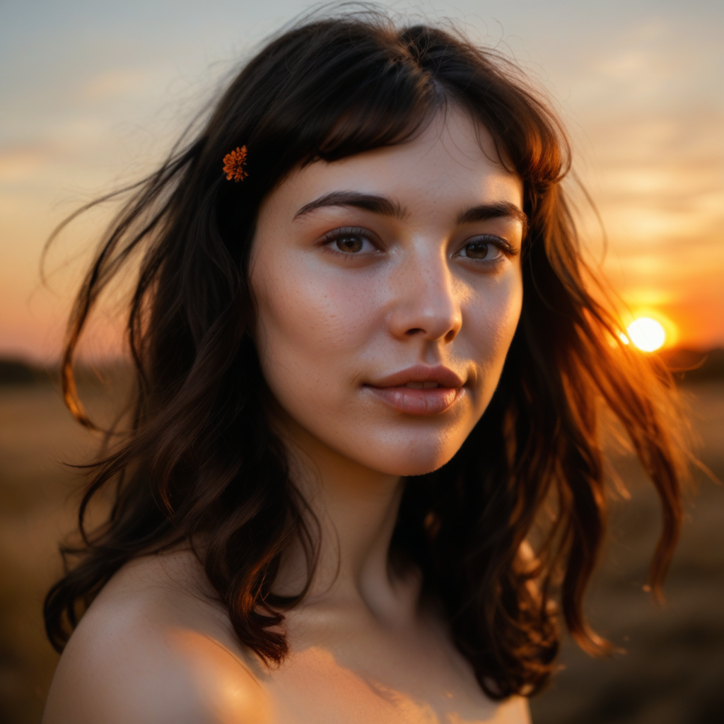 paloma, 1girl, glowing sunset light, soft focus, warm skin tone, natural background, wind in hair, slightly open lips, subtle smile, dreamy expression, cinematic depth of field, photorealistic
