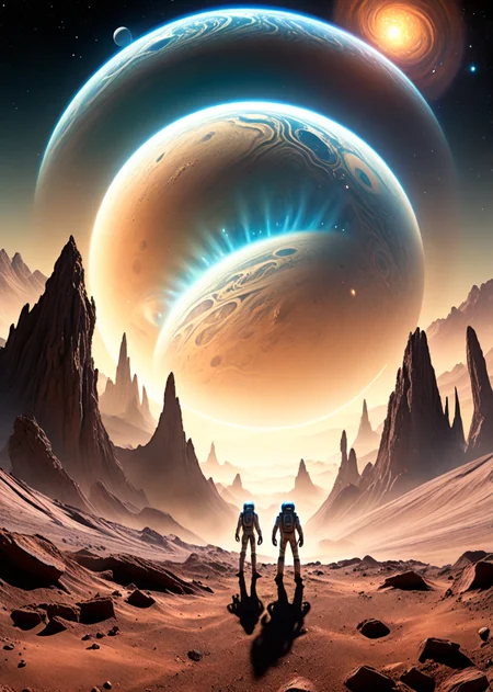 (pui:0.01) An intrepid explorer standing calmly in front of a horrific scene on a distant planet, (one hand lifted over head:1.24) waving at viewer, (waving cheerfully:1.18), smiling visor, the planet's twisted landscape behind them, strands of luminous mist swirling around their legs, a medium observatory dome, alien organisms drifting in the atmosphere, a lively city square with holographic theories, intricate, gravitational equations etched into the ground, a hidden gateway awaiting discovery, the explorer's confident posture, their reflective hand waving,
(bright anomaly:1.16), (jarring contrast:1.12), (eye-catching:1.29), (surreal juxtaposition:1.25),(trending:1.16) (high image quality:1.08), (RAW:0.78),(high resolution photograph:1.28),high definition,(aesthetic:1.14), <lora:LCMTurboMix_Euler_A_fix.safetensors:0.96:0.3> <lora:sdxl\Hyper_Realism_Pony_XL.safetensors:0.85:0.18> <lora:sdxl\add-detail-xl.safetensors:0.88:0.10 p18,s22