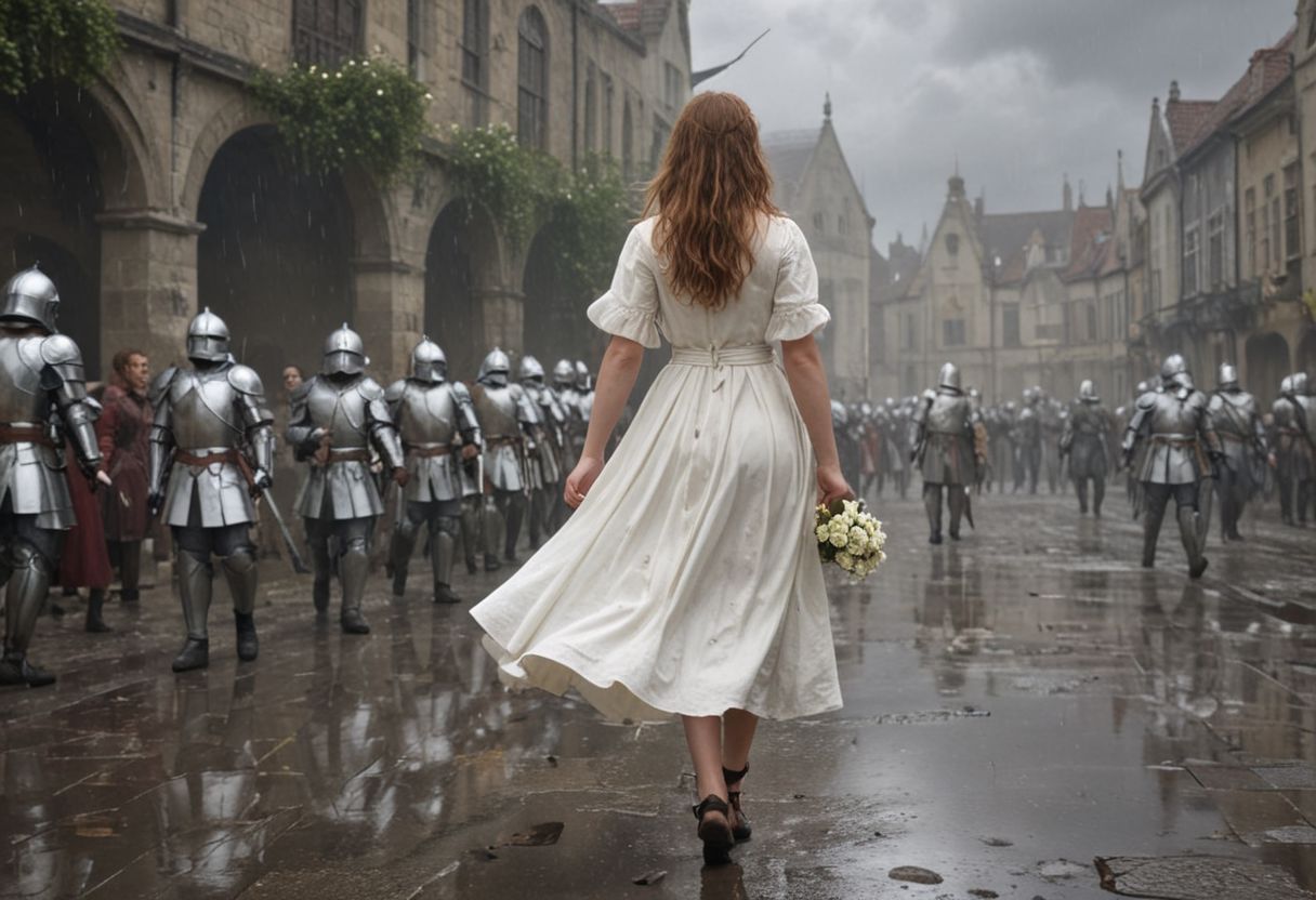 1 female child with an army of knights.
(the female child is happy in clean white dress) runs with a white flower in her hand towards background (facing away) from camera. back turned.
(The Army of Knights is covered with blood and wounds), marching from right to left in background.
Masterpiece, DonMSt34mPXL, Realistic Lightning, Cinematic Lightning, Dark Lightning, Rain, Puddle, Clouded Sky, medieval, fantasy, pedestrians, Cape, Reflection, 1girl, army
